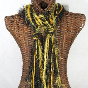 Black Gold String Scarf 59" Strands of Yarn Winter Wash Dry OOAK Handmade